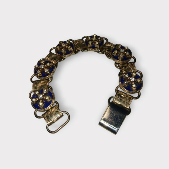 Vintage Silver Tone Bracelet Blue Enamel & Sky Blue-Green Rhinestones Elegant - Picture 7 of 12